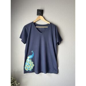 Life is Good Woman’s Crusher Tee Cotton V Neck Navy Blue Heather Peacock Size L